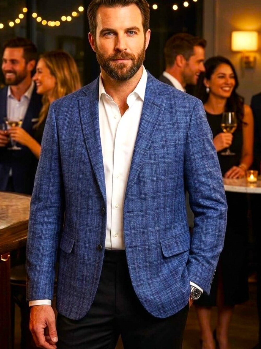 Joseph Abboud Heritage E.Thomas Sport Coat Blazer Blue Plaid Wool Silk Linen 46R